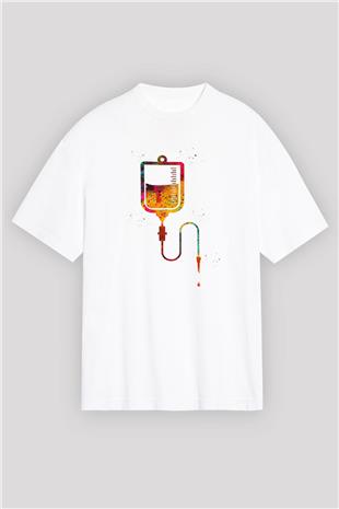 Renkli Serum Baskılı Unisex Oversize Beyaz Tişört - Tshirt