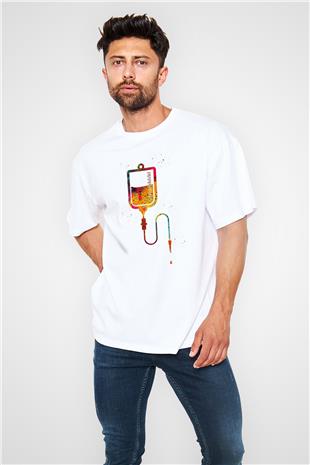 Renkli Serum Baskılı Unisex Oversize Beyaz Tişört - Tshirt