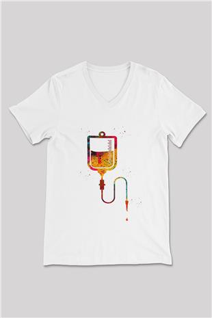 Renkli Serum Baskılı Unisex V Yaka Beyaz Tişört - Tshirt