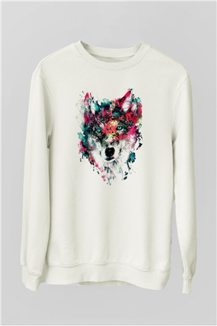 Renkli Suluboya Kurt Baskılı Unisex Beyaz  Sweatshirt