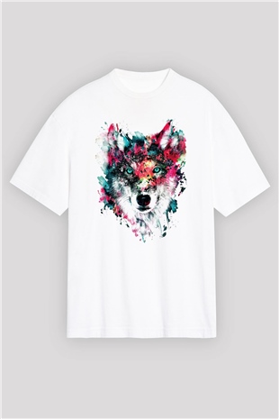 Renkli Suluboya Kurt Baskılı Oversize Beyaz Tshirt