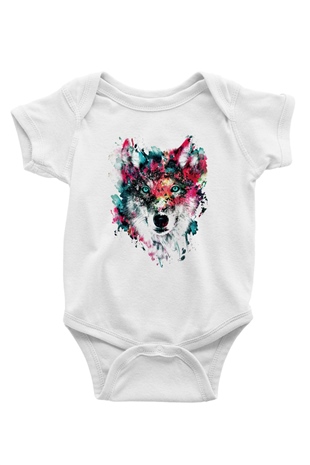 Renkli Suluboya Kurt BaskılıBeyaz Tshirt Bebek Body - Zıbın