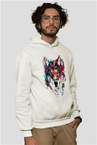 Renkli Suluboya KurtBeyaz Tshirt Unisex Hoodie