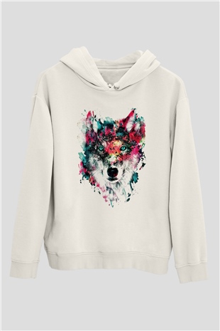 Renkli Suluboya KurtBeyaz Tshirt Unisex Hoodie