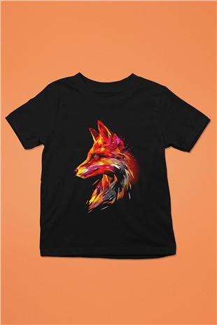Renkli Tilki Baskılı Unisex Siyah  Çocuk Tişört