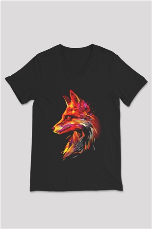 Renkli Tilki Baskılı Unisex Siyah  V Yaka Tişört