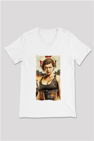 Resident Evil Beyaz Unisex V Yaka Tişört