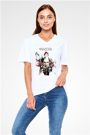 Resident Evil Beyaz Unisex V Yaka Tişört