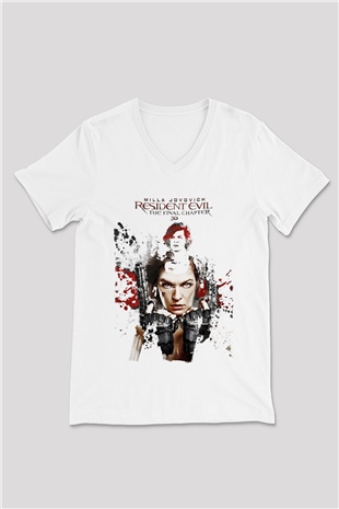 Resident Evil Beyaz Unisex V Yaka Tişört