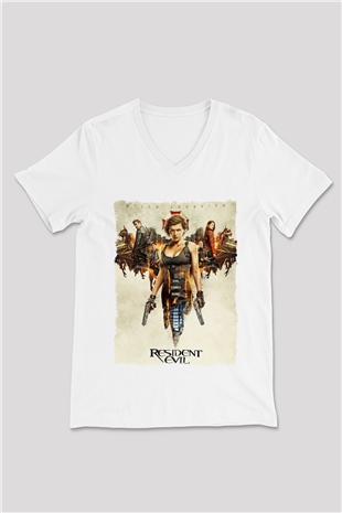 Resident Evil Beyaz Unisex V Yaka Tişört