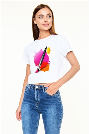 Ressam Beyaz Croptop Tişört