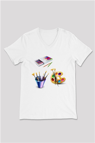 Ressam Beyaz Unisex V Yaka Tişört T-Shirt