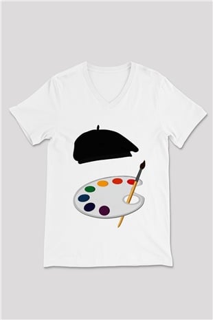 Ressam Beyaz Unisex V Yaka Tişört T-Shirt