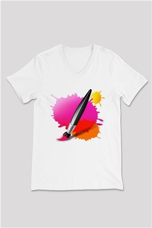 Ressam Beyaz Unisex V Yaka Tişört T-Shirt