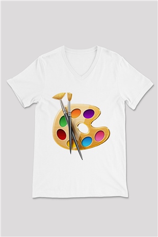 Ressam Beyaz Unisex V Yaka Tişört T-Shirt
