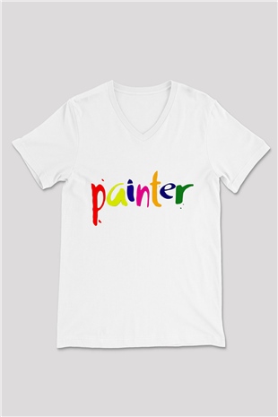 Ressam Beyaz Unisex V Yaka Tişört T-Shirt