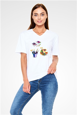 Ressam Beyaz Unisex V Yaka Tişört T-Shirt