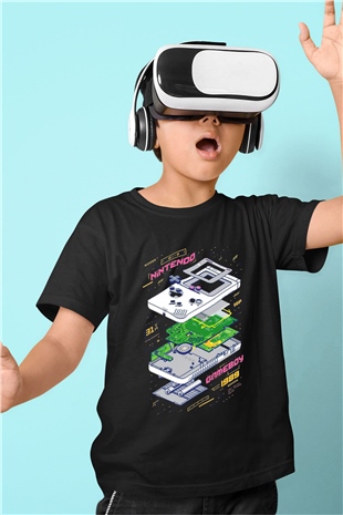 Retro Gameboy Baskılı Unisex Siyah  Çocuk Tişört
