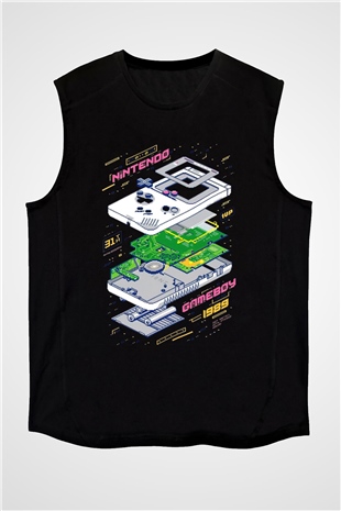 Retro Gameboy Baskılı Unisex Siyah  Kolsuz Tişört
