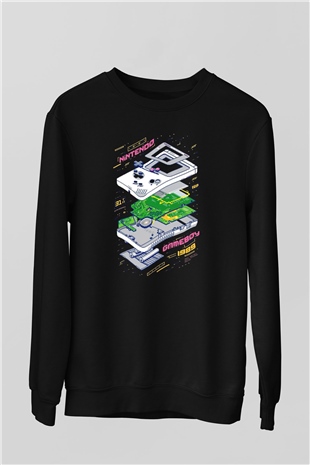 Retro Gameboy Baskılı Unisex Siyah  Sweatshirt