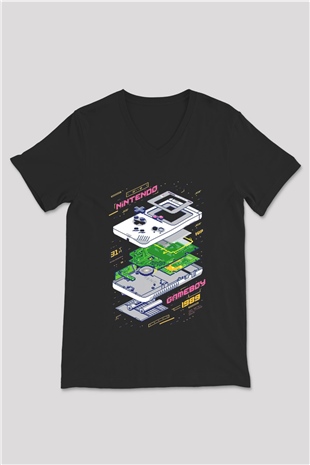 Retro Gameboy Baskılı Unisex Siyah  V Yaka Tişört