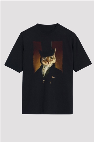 Retro Kedi Tablo Baskılı Siyah Oversize Tişört