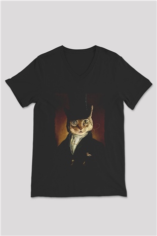 Retro Kedi Tablo Baskılı Siyah  V Yaka Tişört