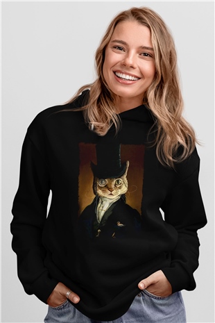 Retro Kedi Tablo Siyah  Unisex Hoodie