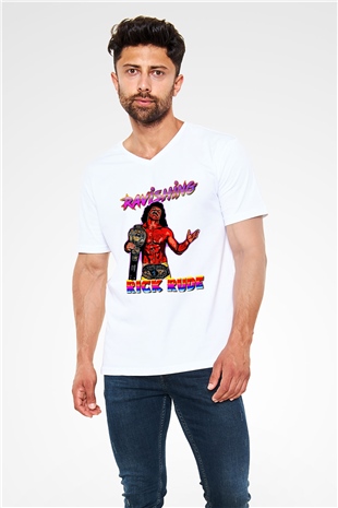 Rick Rude Beyaz Unisex  V Yaka Tişört