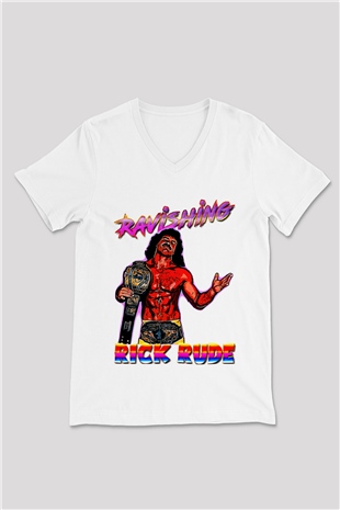 Rick Rude Beyaz Unisex  V Yaka Tişört