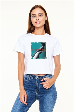 Rihanna Baskılı Beyaz Kadın Crop Top Tişört