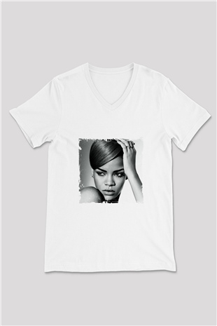 Rihanna Baskılı Beyaz V Yaka Unisex Tişört