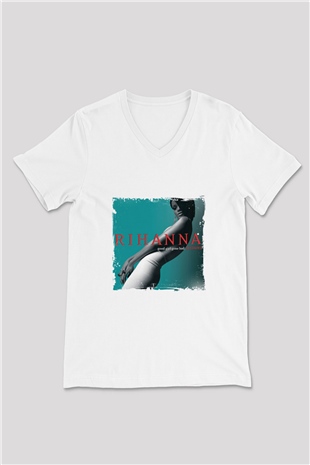 Rihanna Baskılı Beyaz V Yaka Unisex Tişört