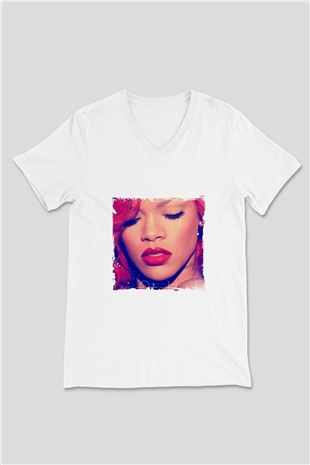 Rihanna Baskılı Beyaz V Yaka Unisex Tişört