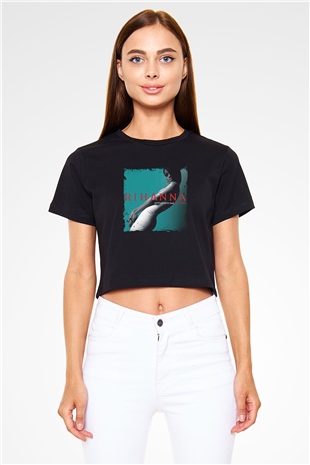 Rihanna Baskılı Crop Top Siyah Kadın Tişört