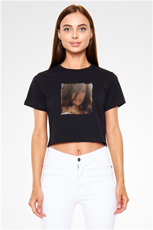 Rihanna Baskılı Crop Top Siyah Kadın Tişört