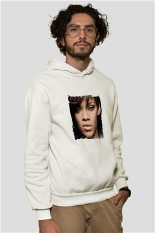 Rihanna Baskılı Unisex Beyaz Kapüşonlu Sweatshirt