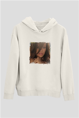 Rihanna Baskılı Unisex Beyaz Kapüşonlu Sweatshirt