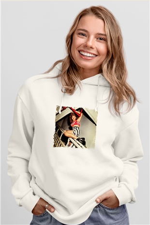 Rihanna Baskılı Unisex Beyaz Kapüşonlu Sweatshirt