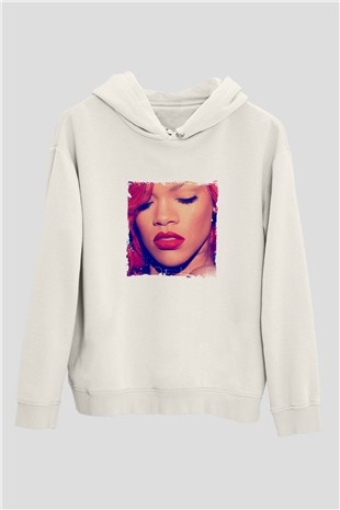 Rihanna Baskılı Unisex Beyaz Kapüşonlu Sweatshirt