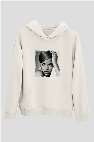 Rihanna Baskılı Unisex Beyaz Kapüşonlu Sweatshirt
