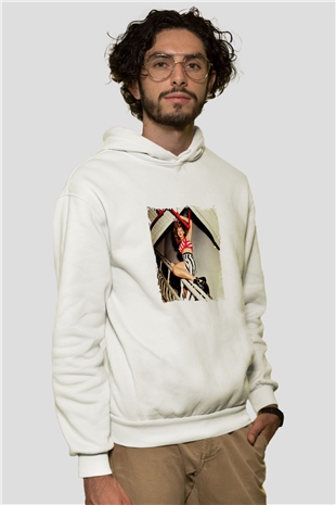 Rihanna Baskılı Unisex Beyaz Kapüşonlu Sweatshirt