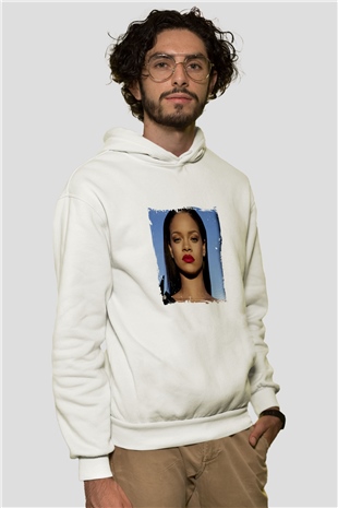 Rihanna Baskılı Unisex Beyaz Kapüşonlu Sweatshirt