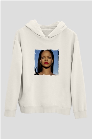 Rihanna Baskılı Unisex Beyaz Kapüşonlu Sweatshirt