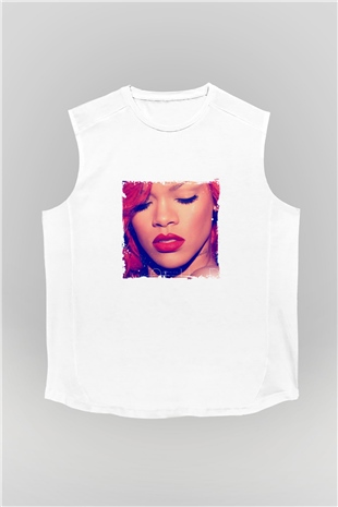 Rihanna Baskılı Unisex Beyaz Kolsuz Tişört