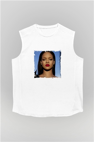 Rihanna Baskılı Unisex Beyaz Kolsuz Tişört