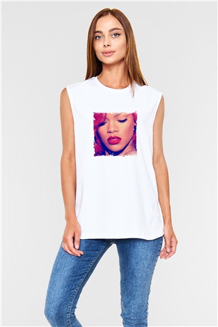Rihanna Baskılı Unisex Beyaz Kolsuz Tişört