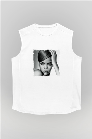 Rihanna Baskılı Unisex Beyaz Kolsuz Tişört
