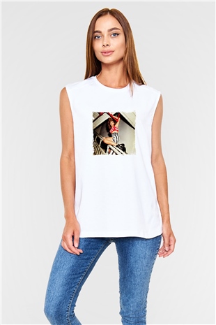Rihanna Baskılı Unisex Beyaz Kolsuz Tişört