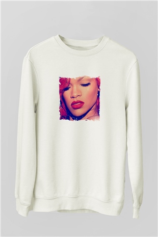 Rihanna Baskılı Unisex Beyaz Sweatshirt